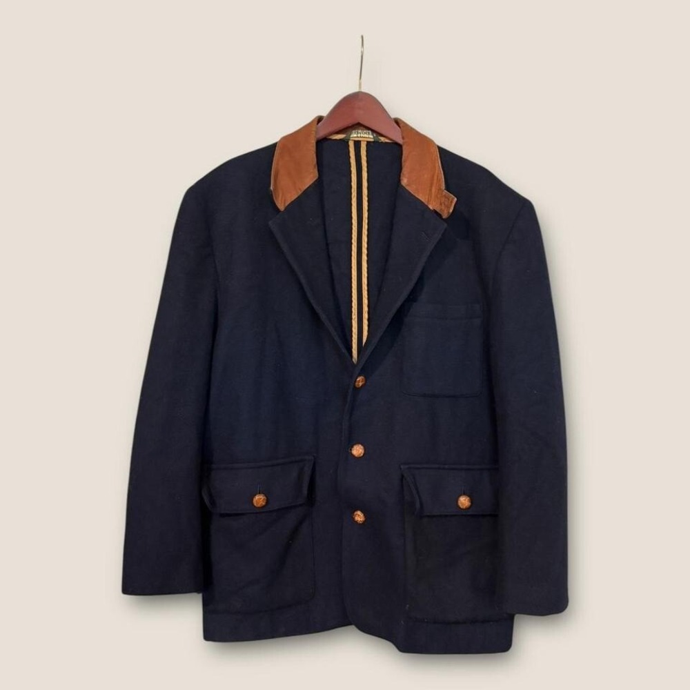 Vintage Made in Hong‎ Kong Navy Blue Wool jacket with Orange leather trim.